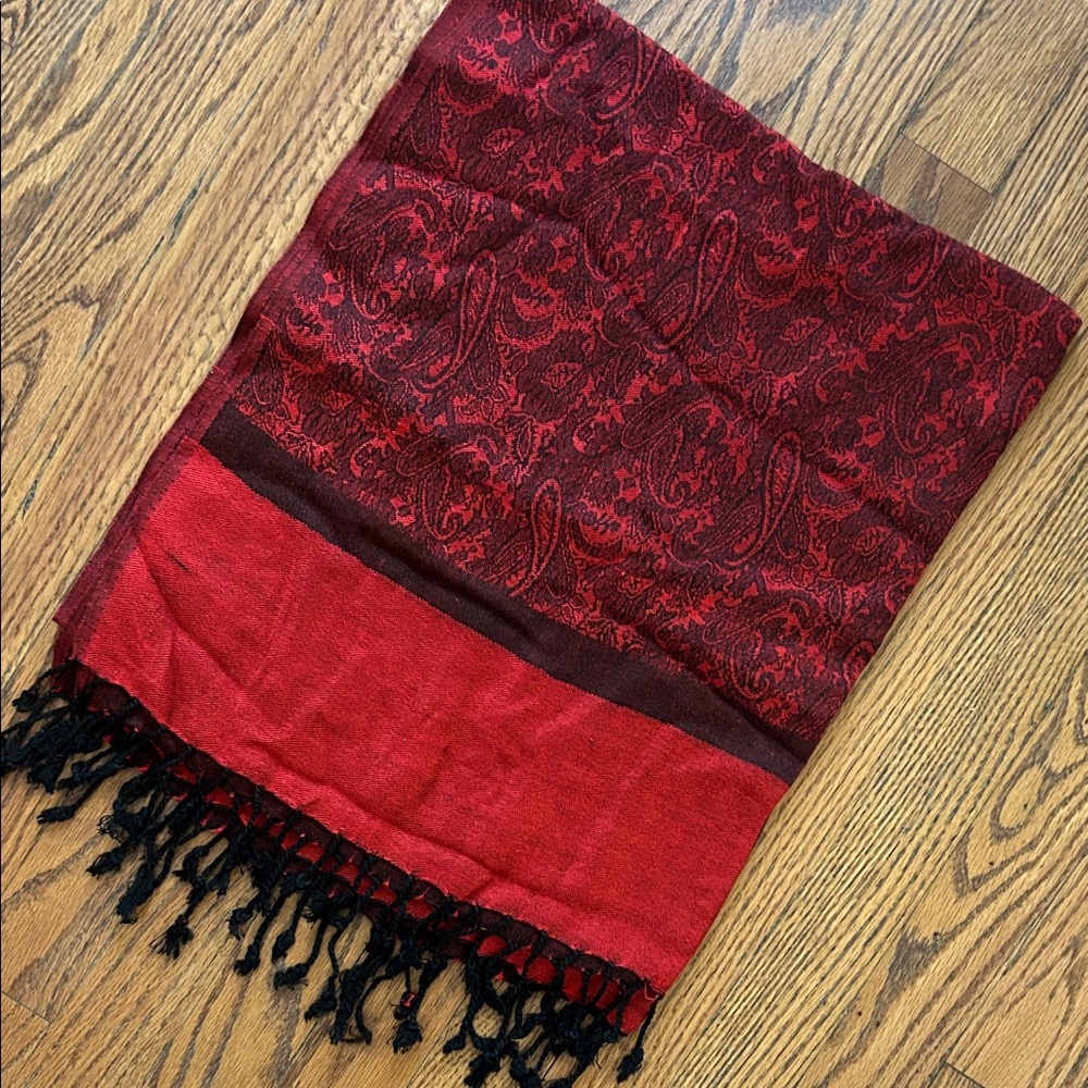Red and Black Paisley Scarf with Fringe